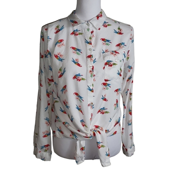 White Parrot Print Blouse Sz L Tie Front Roll-Tab Sleeves Light Novelty *STAIN* - Picture 2 of 12